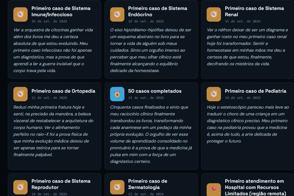 Aba Conquistas do Diário: conquistas acumuladas, com data e reflexão pessoal